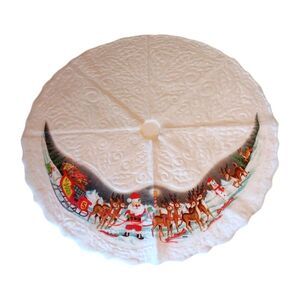 Vintage 1980s Rennoc Christmas Tree Skirt Santa Sleigh Reindeer Felt Embossed